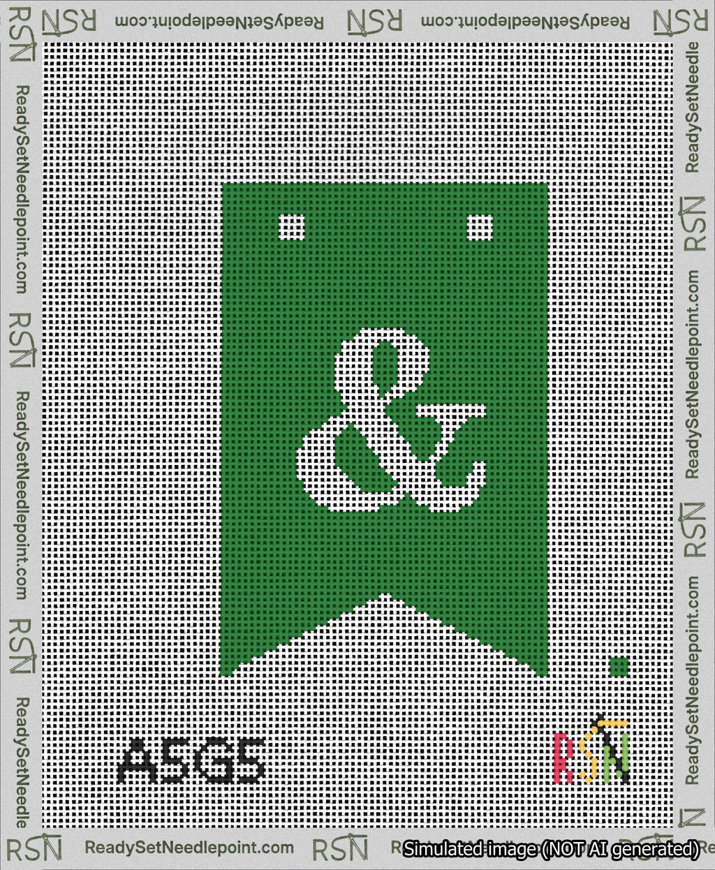 A taped needlepoint canvas with the design: Banner 13 mesh count Forked Ampersand White on Green.