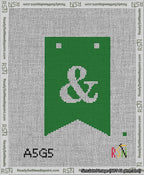 A taped needlepoint canvas with the design: Banner 13 mesh count Forked Ampersand White on Green.