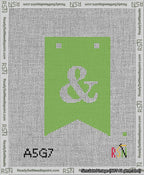 A taped needlepoint canvas with the design: Banner 13 mesh count Forked Ampersand White on Light Green.