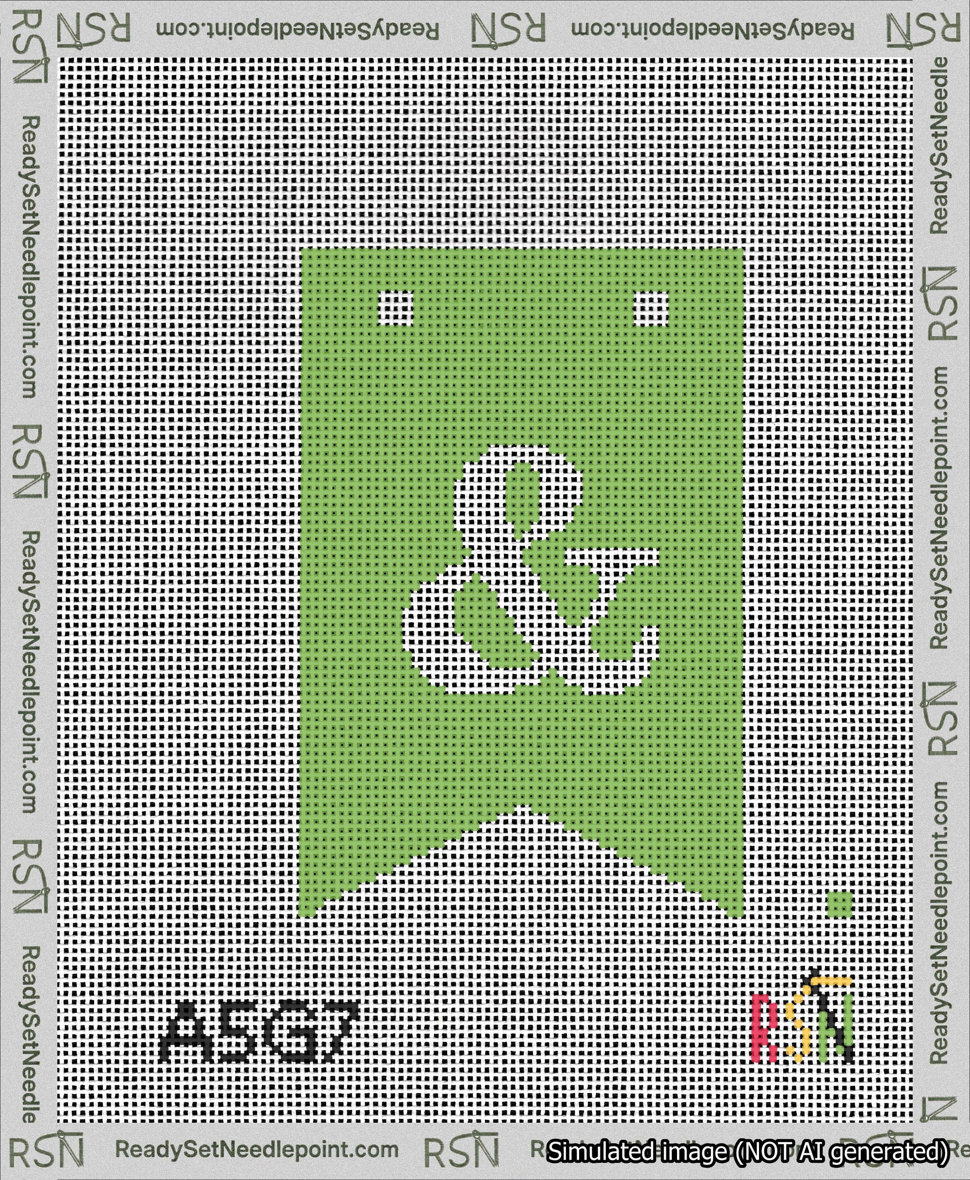 A taped needlepoint canvas with the design: Banner 13 mesh count Forked Ampersand White on Light Green.