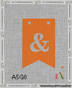 A taped needlepoint canvas with the design: Banner 13 mesh count Forked Ampersand White on Orange.