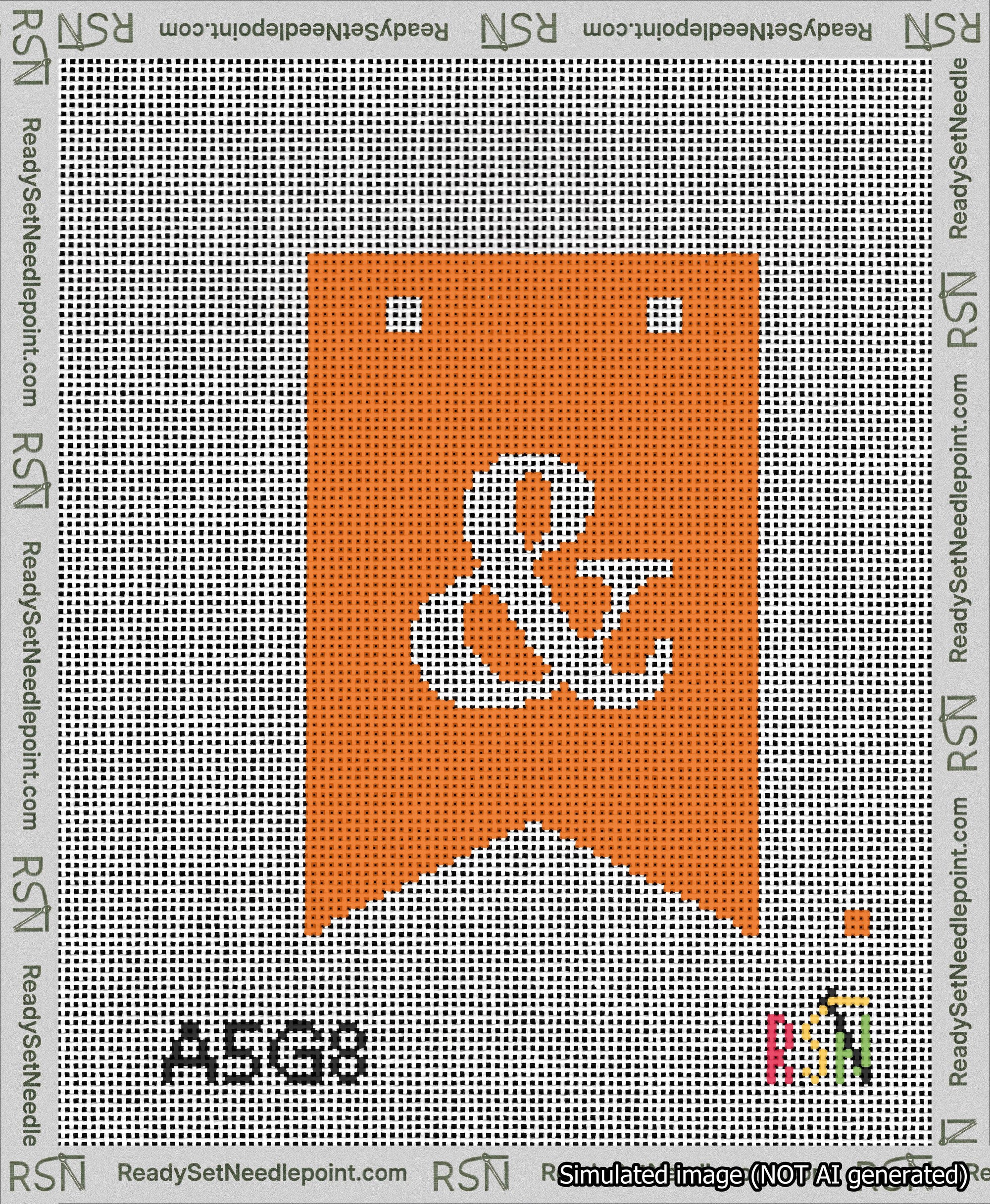 A taped needlepoint canvas with the design: Banner 13 mesh count Forked Ampersand White on Orange.