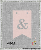 A taped needlepoint canvas with the design: Banner 13 mesh count Forked Ampersand White on Pink.
