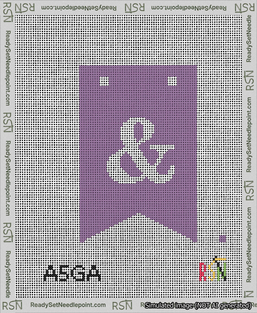 A taped needlepoint canvas with the design: Banner 13 mesh count Forked Ampersand White on Purple.