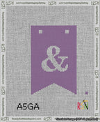A taped needlepoint canvas with the design: Banner 13 mesh count Forked Ampersand White on Purple.