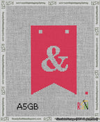 A taped needlepoint canvas with the design: Banner 13 mesh count Forked Ampersand White on Red.