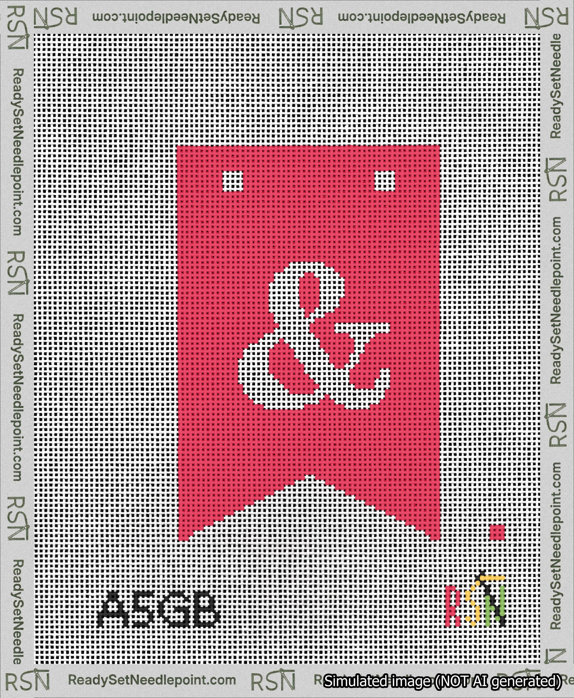 A taped needlepoint canvas with the design: Banner 13 mesh count Forked Ampersand White on Red.