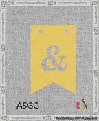 A taped needlepoint canvas with the design: Banner 13 mesh count Forked Ampersand White on Yellow.