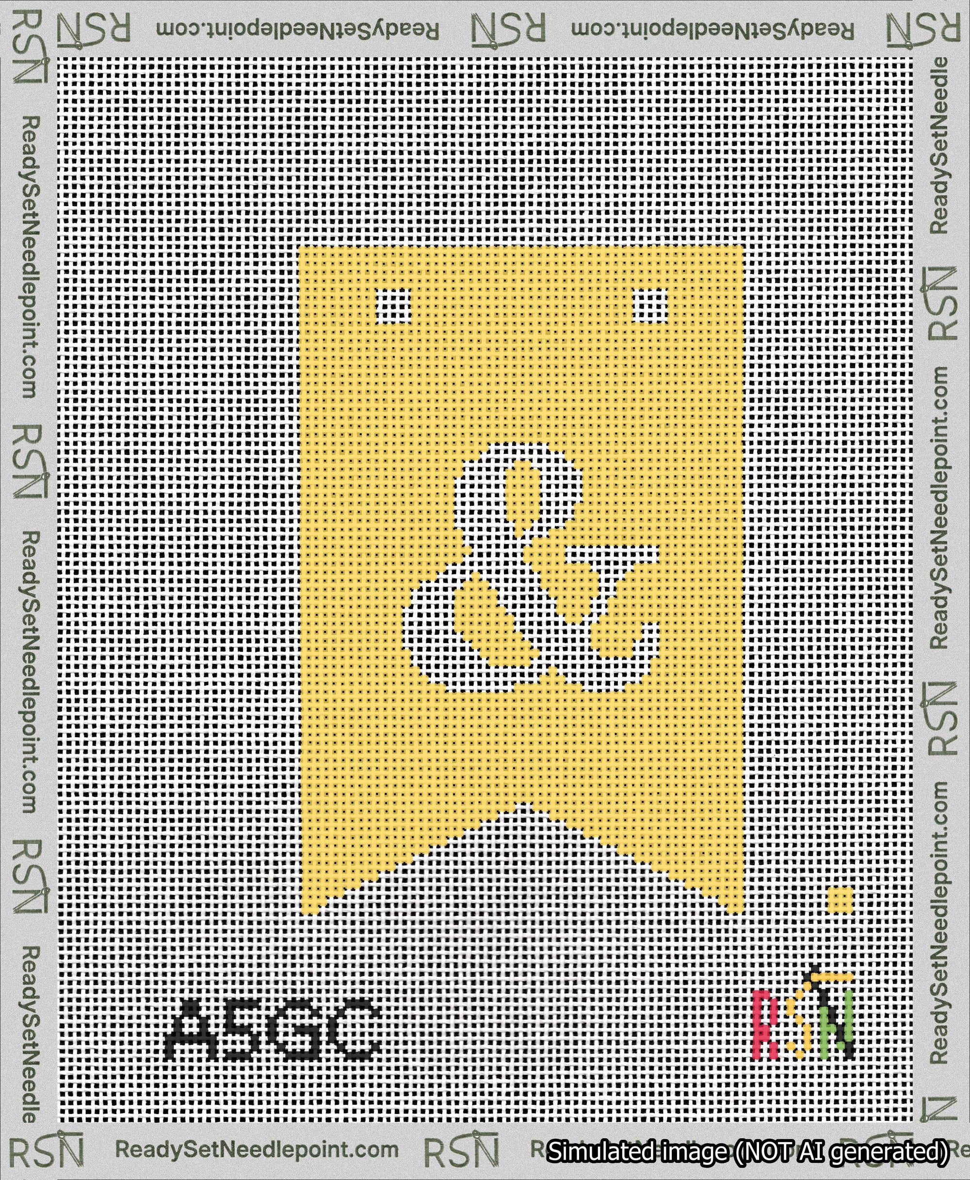 A taped needlepoint canvas with the design: Banner 13 mesh count Forked Ampersand White on Yellow.