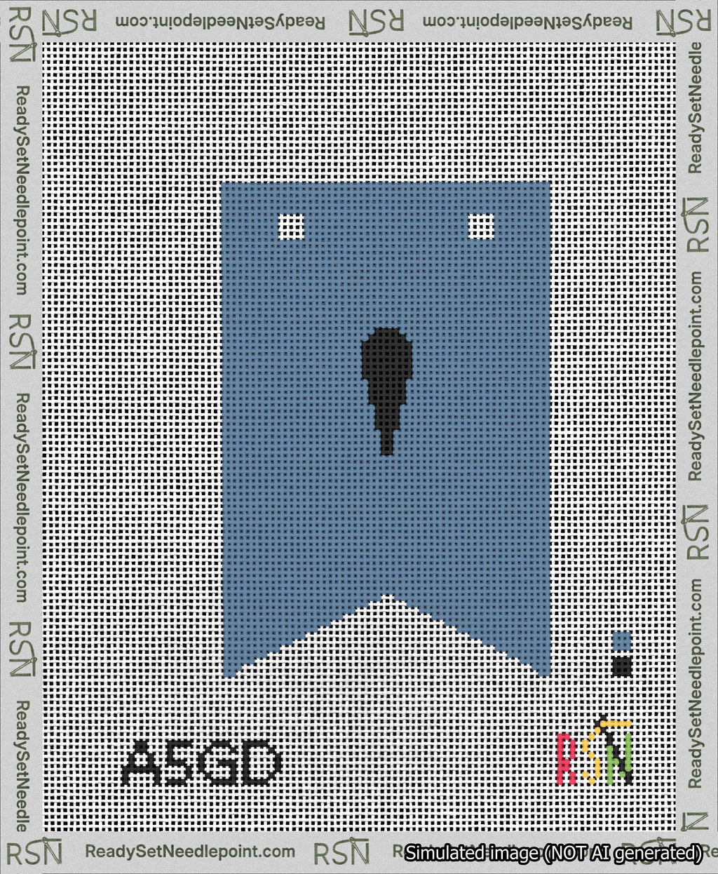 A taped needlepoint canvas with the design: Banner 13 mesh count Forked Apostrophe Black on Blue.