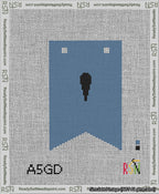 A taped needlepoint canvas with the design: Banner 13 mesh count Forked Apostrophe Black on Blue.