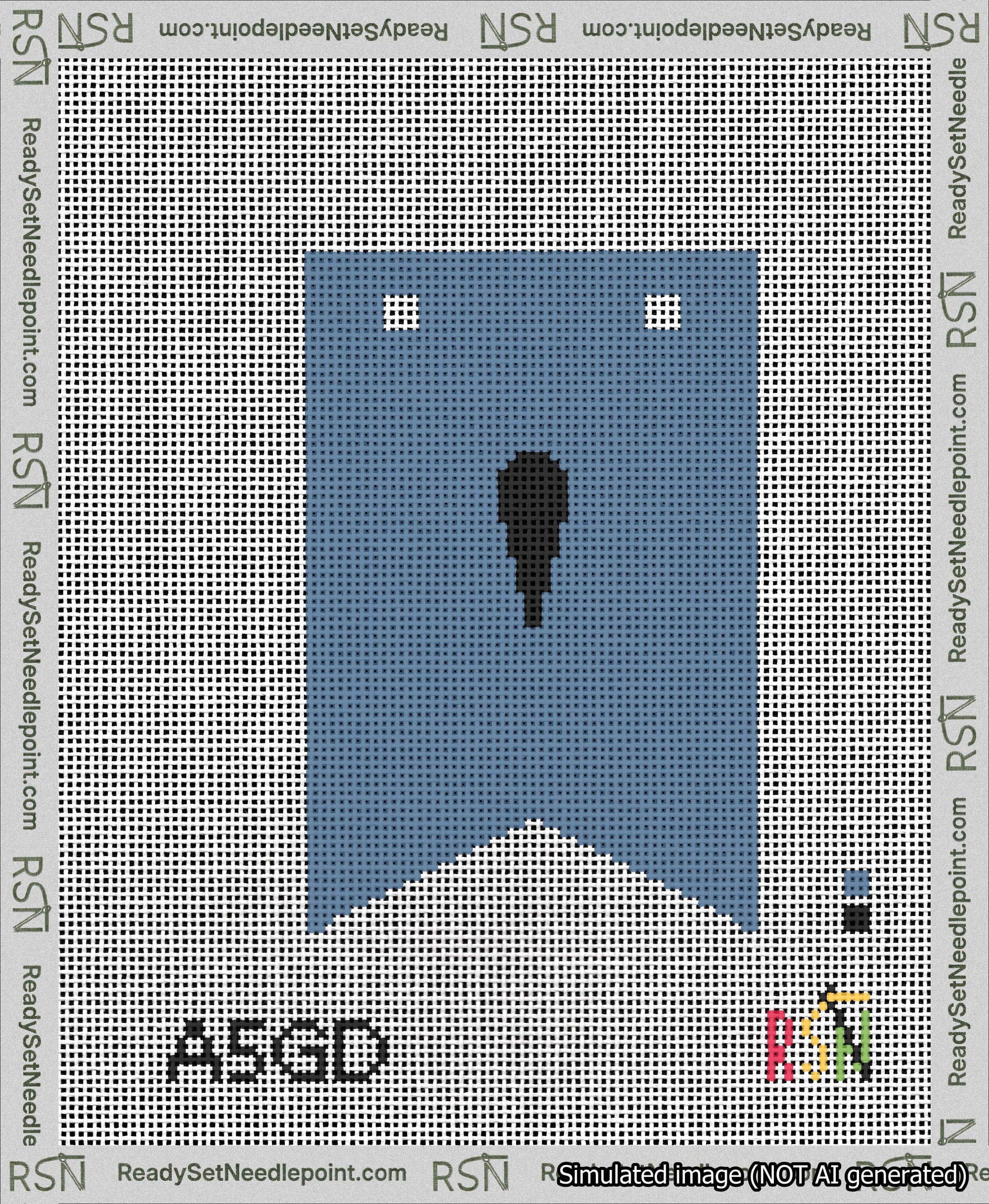 A taped needlepoint canvas with the design: Banner 13 mesh count Forked Apostrophe Black on Blue.