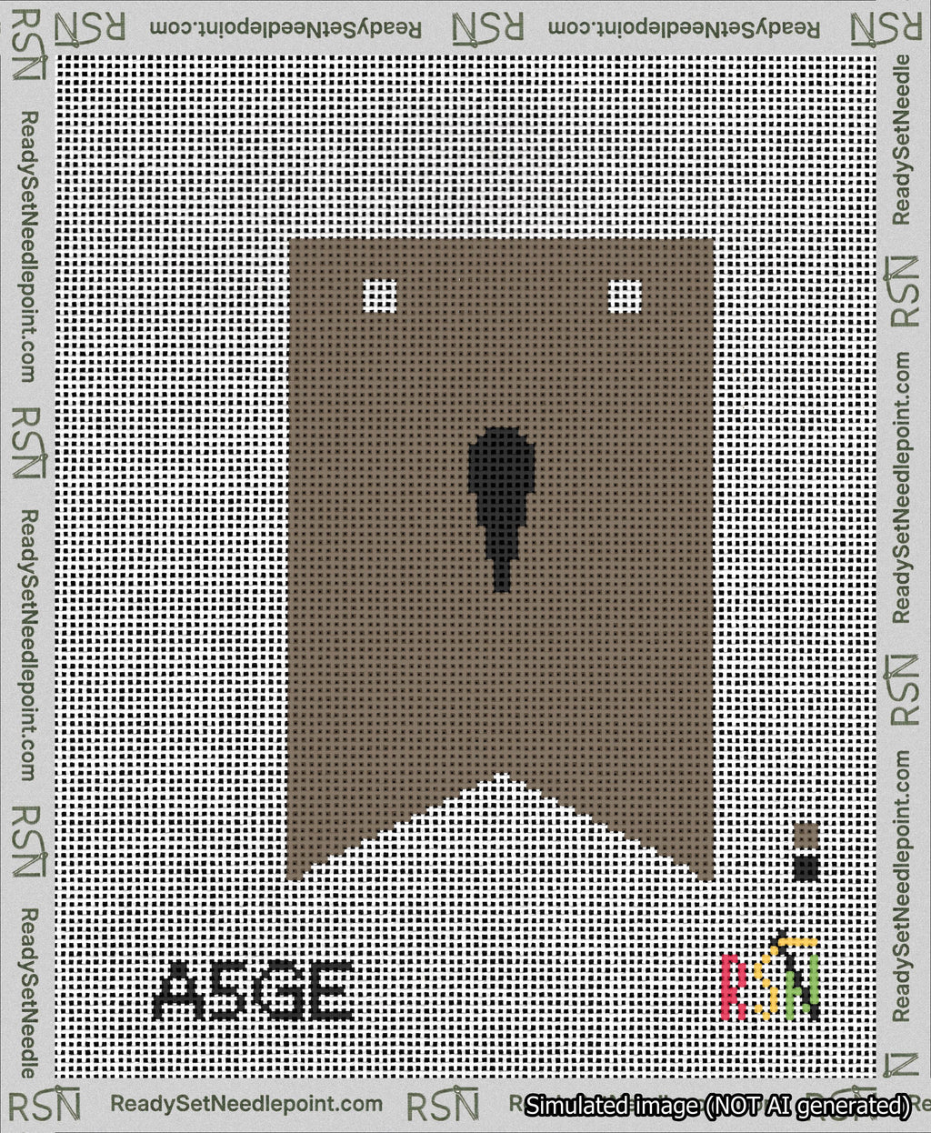 A taped needlepoint canvas with the design: Banner 13 mesh count Forked Apostrophe Black on Brown.