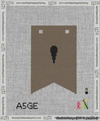 A taped needlepoint canvas with the design: Banner 13 mesh count Forked Apostrophe Black on Brown.