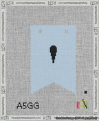 A taped needlepoint canvas with the design: Banner 13 mesh count Forked Apostrophe Black on Light Blue.