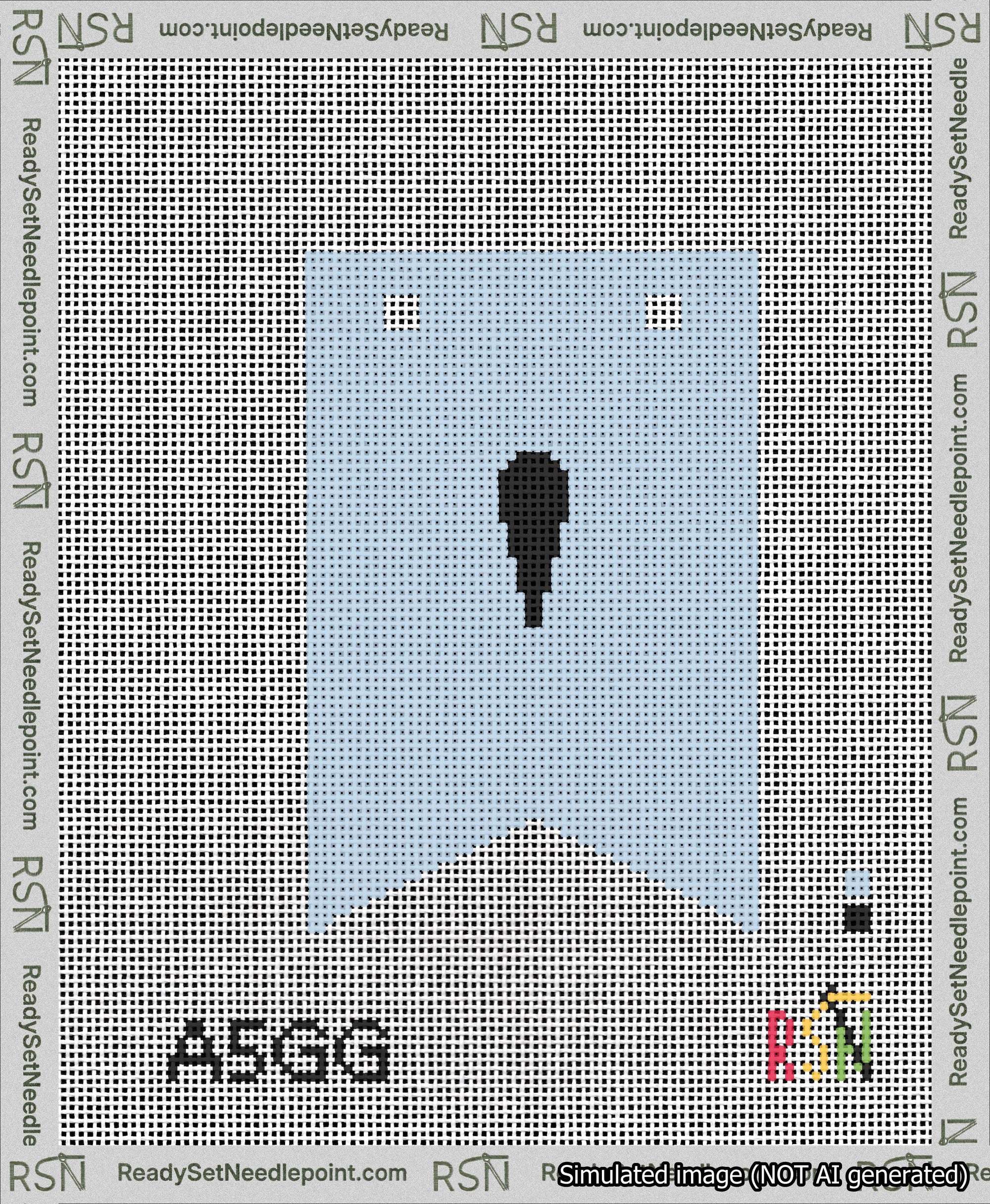 A taped needlepoint canvas with the design: Banner 13 mesh count Forked Apostrophe Black on Light Blue.