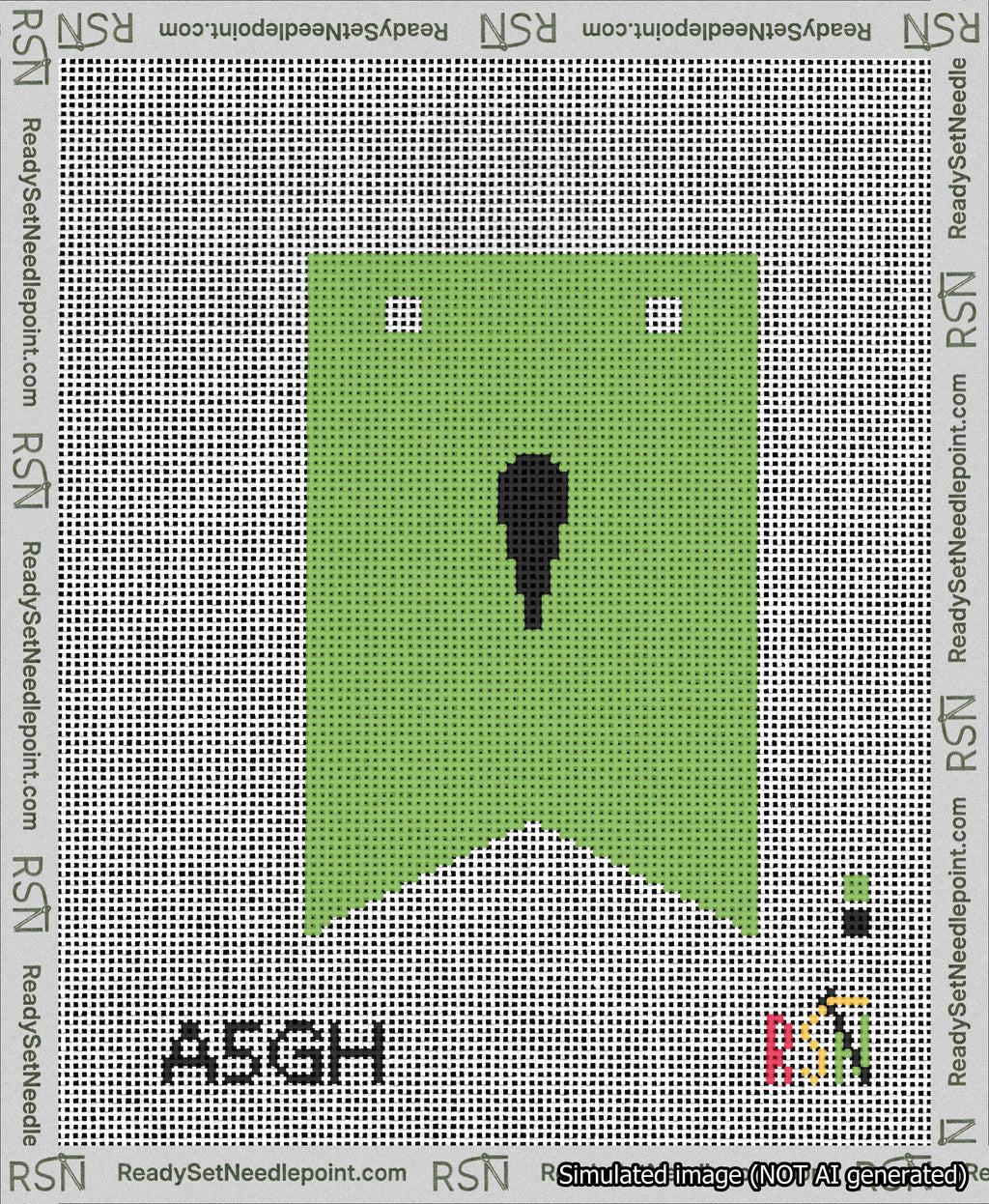 A taped needlepoint canvas with the design: Banner 13 mesh count Forked Apostrophe Black on Light Green.