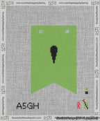 A taped needlepoint canvas with the design: Banner 13 mesh count Forked Apostrophe Black on Light Green.