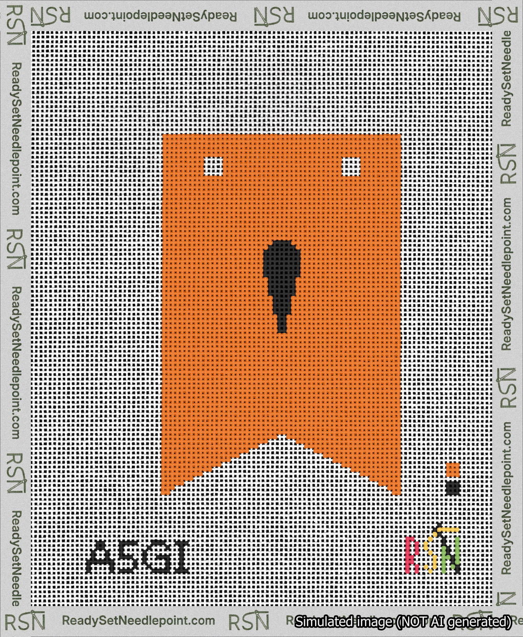 A taped needlepoint canvas with the design: Banner 13 mesh count Forked Apostrophe Black on Orange.