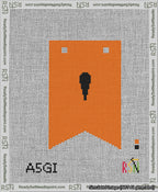 A taped needlepoint canvas with the design: Banner 13 mesh count Forked Apostrophe Black on Orange.