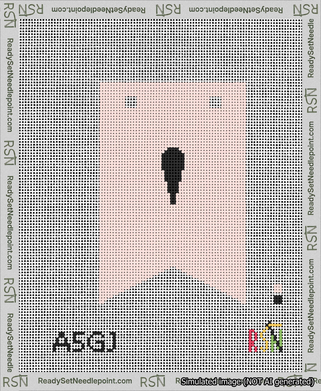 A taped needlepoint canvas with the design: Banner 13 mesh count Forked Apostrophe Black on Pink.