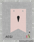 A taped needlepoint canvas with the design: Banner 13 mesh count Forked Apostrophe Black on Pink.