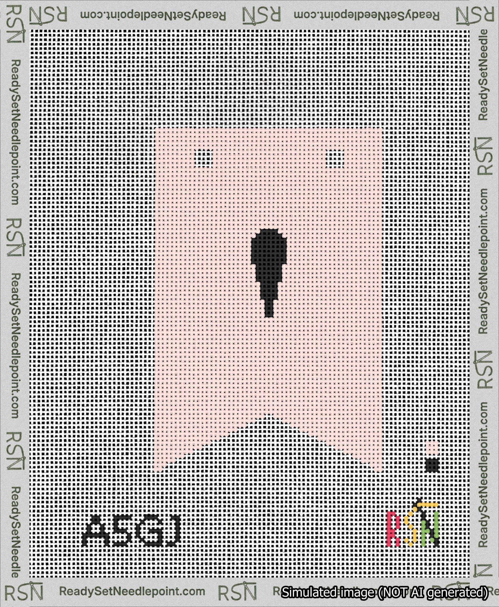 A taped needlepoint canvas with the design: Banner 13 mesh count Forked Apostrophe Black on Pink.