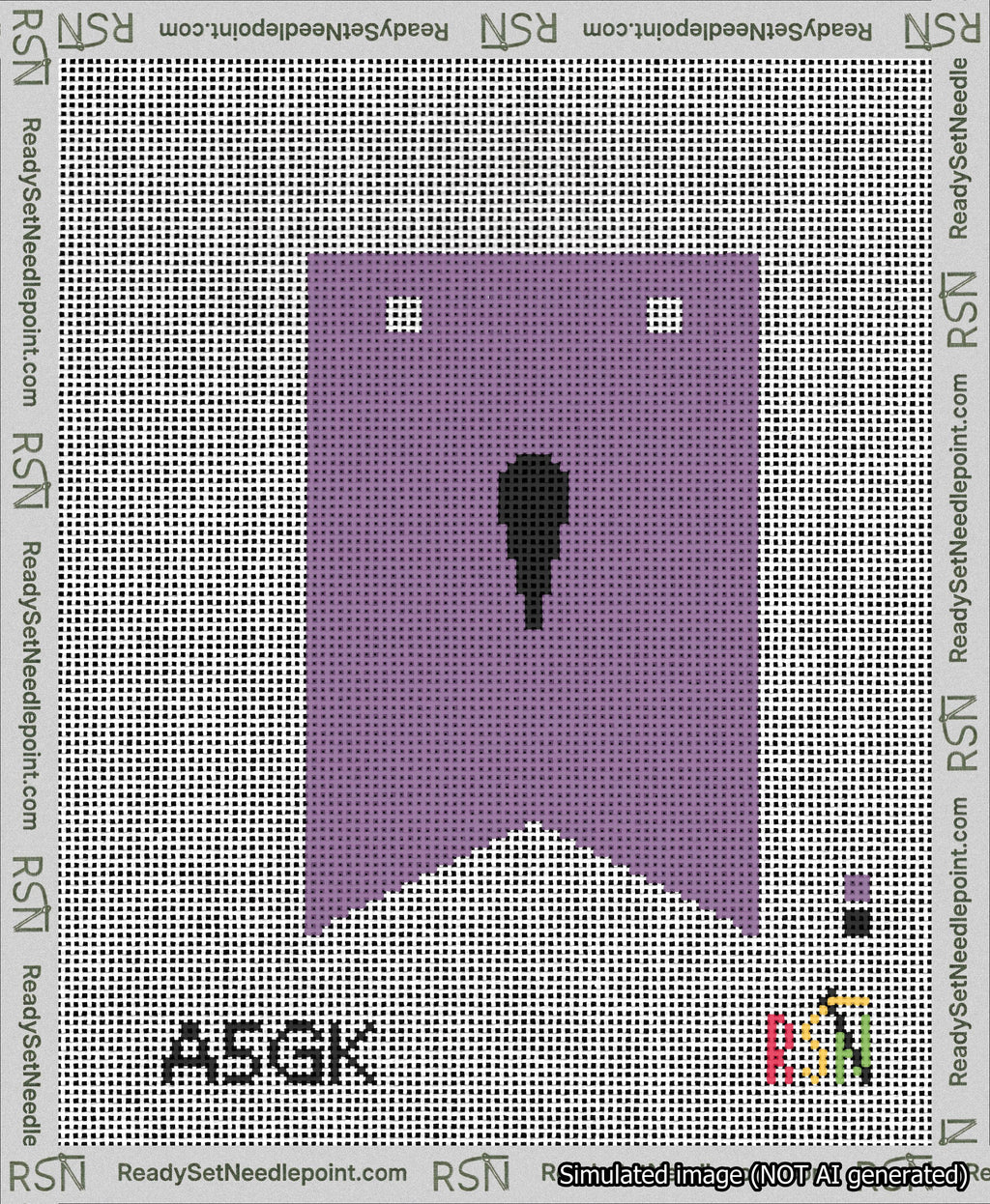 A taped needlepoint canvas with the design: Banner 13 mesh count Forked Apostrophe Black on Purple.