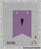 A taped needlepoint canvas with the design: Banner 13 mesh count Forked Apostrophe Black on Purple.