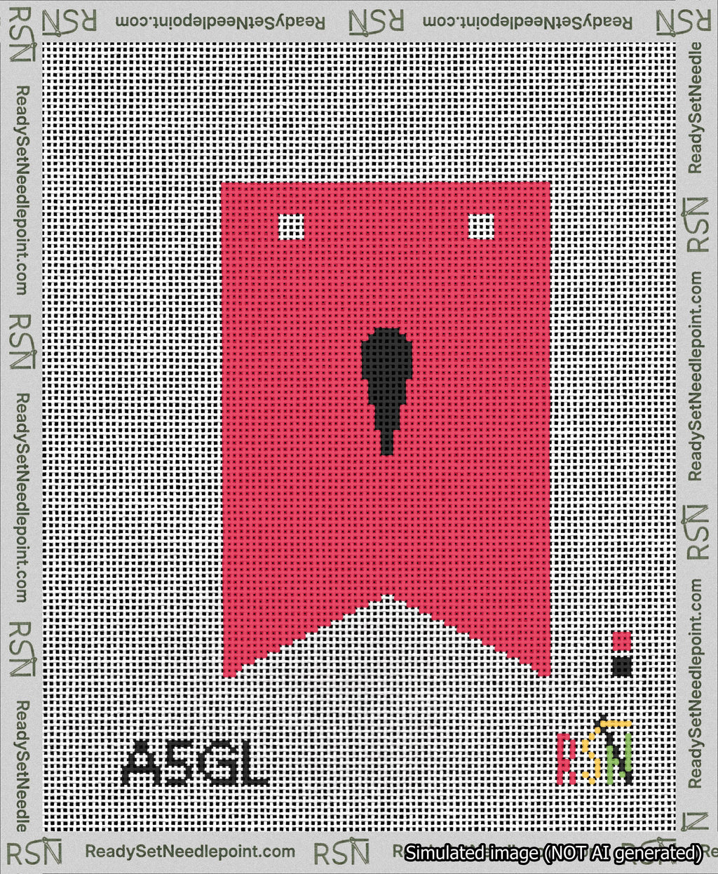 A taped needlepoint canvas with the design: Banner 13 mesh count Forked Apostrophe Black on Red.