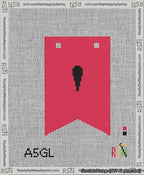 A taped needlepoint canvas with the design: Banner 13 mesh count Forked Apostrophe Black on Red.