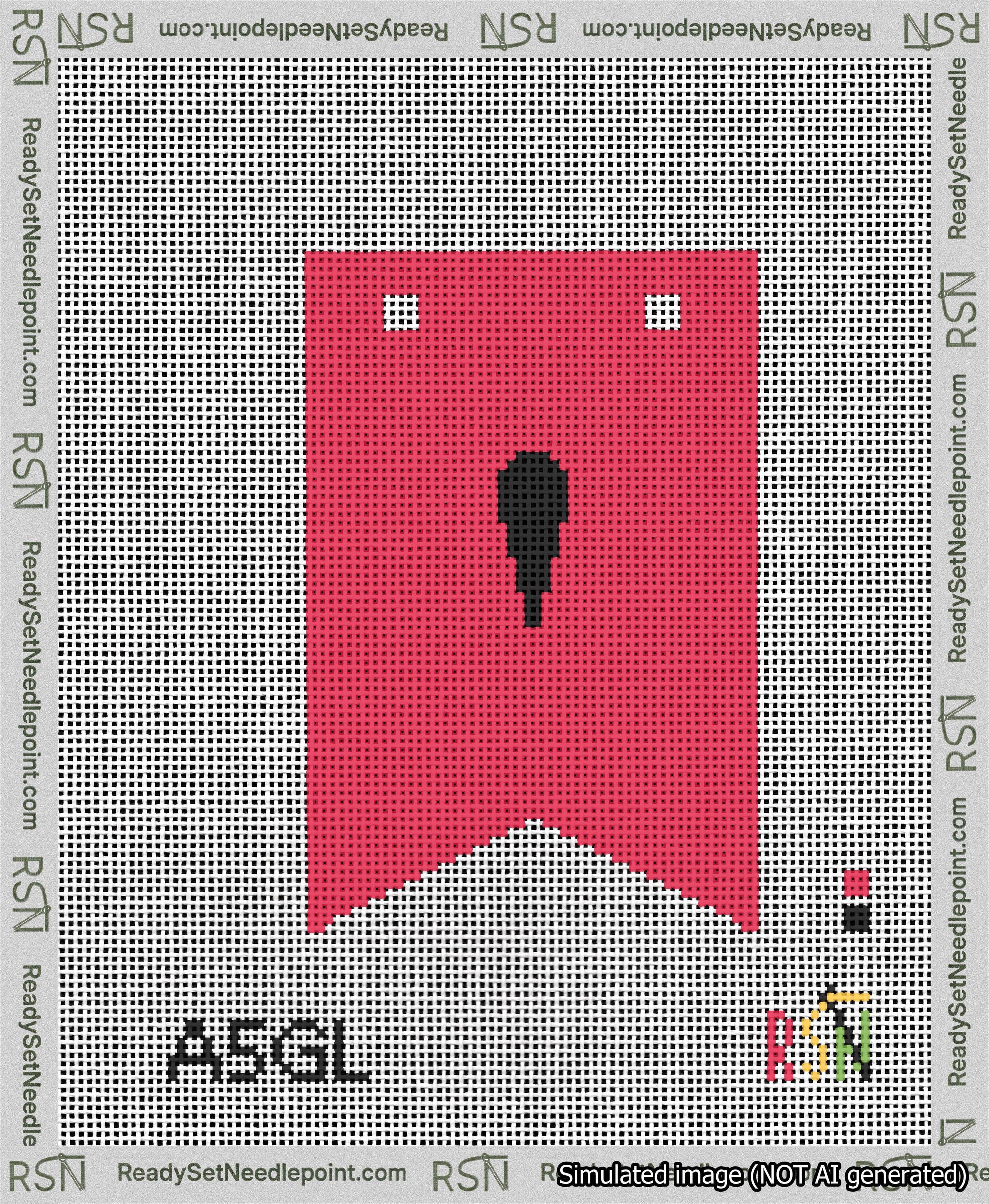 A taped needlepoint canvas with the design: Banner 13 mesh count Forked Apostrophe Black on Red.