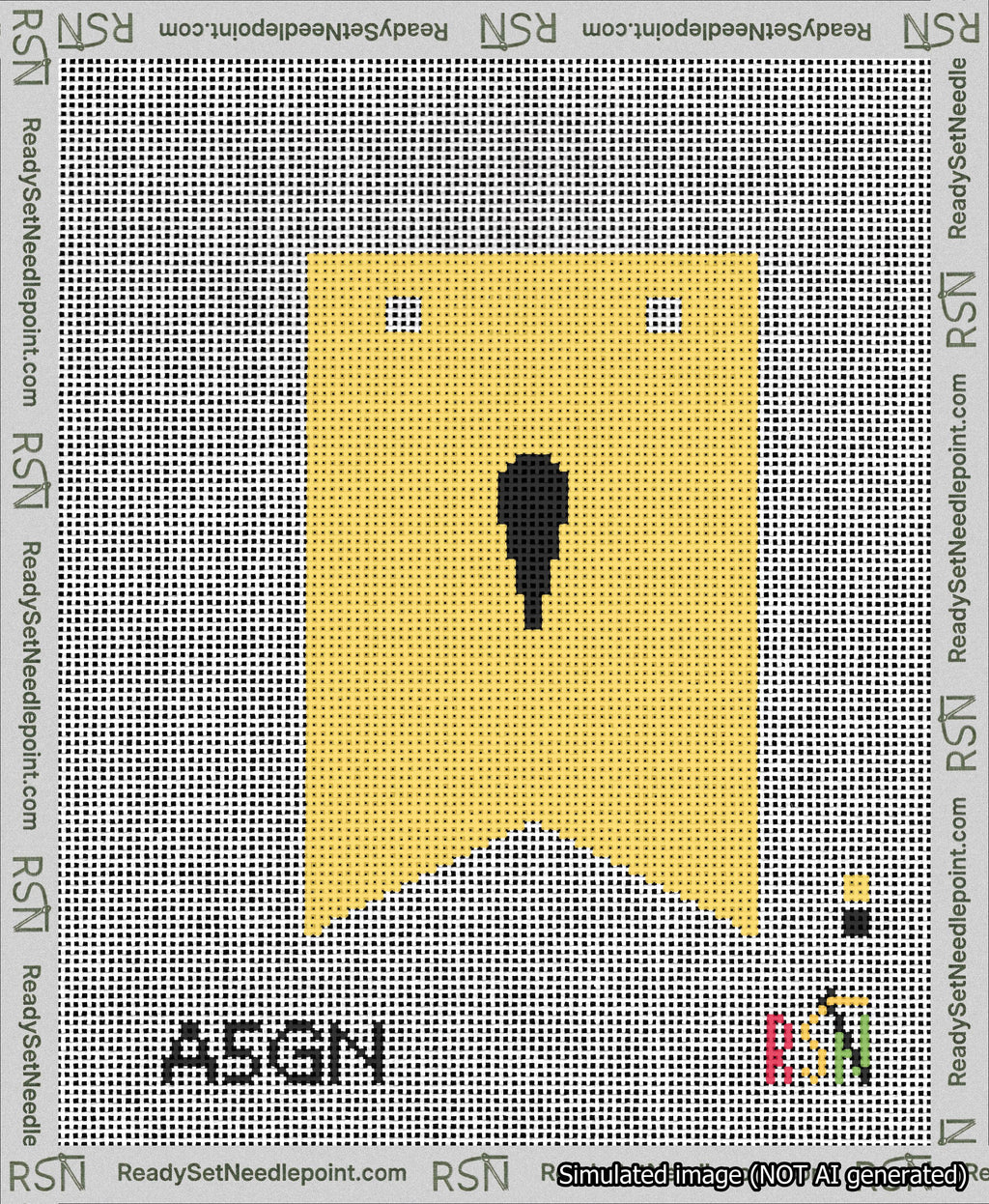 A taped needlepoint canvas with the design: Banner 13 mesh count Forked Apostrophe Black on Yellow.