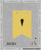 A taped needlepoint canvas with the design: Banner 13 mesh count Forked Apostrophe Black on Yellow.