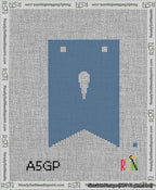 A taped needlepoint canvas with the design: Banner 13 mesh count Forked Apostrophe White on Blue.