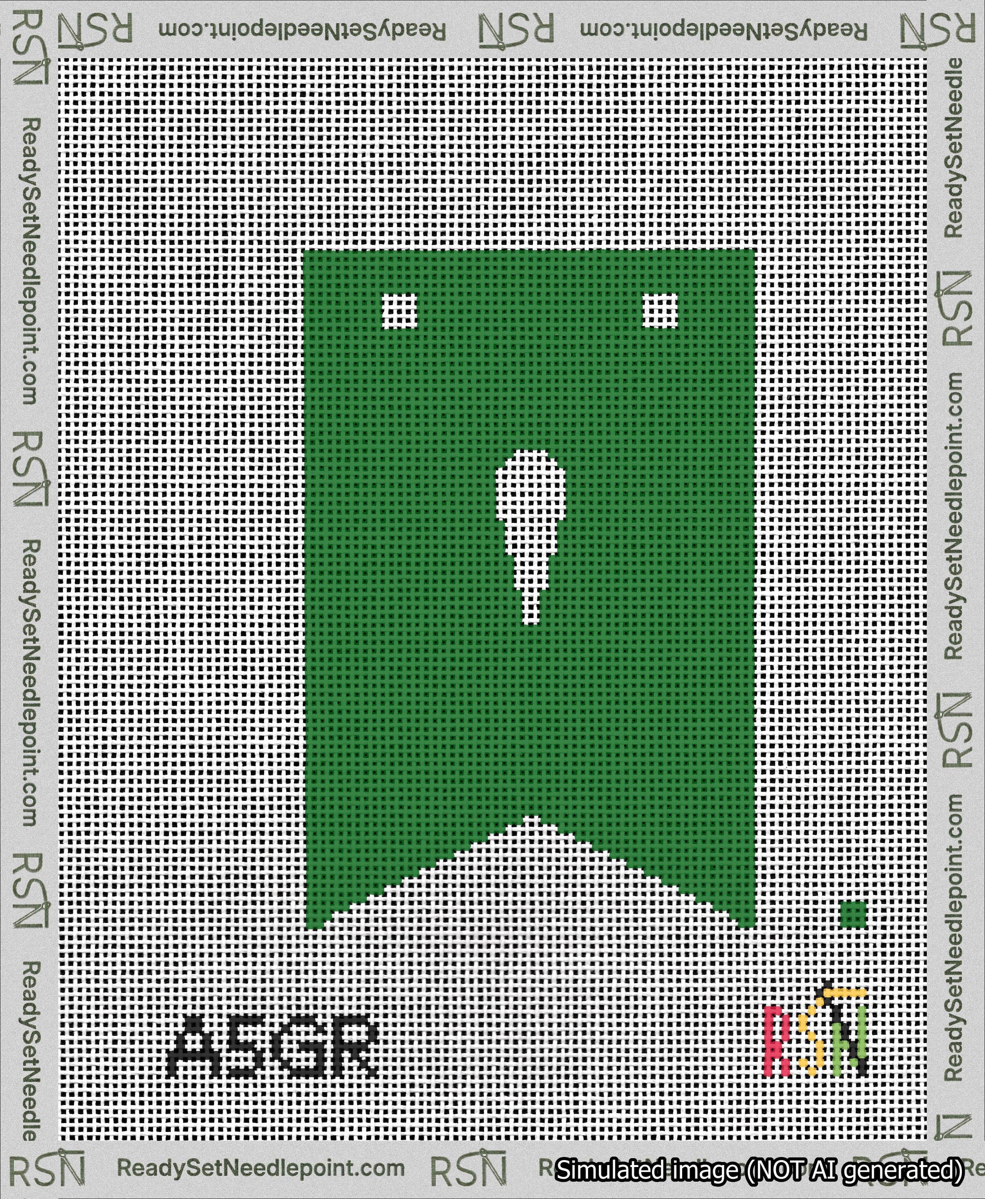 A taped needlepoint canvas with the design: Banner 13 mesh count Forked Apostrophe White on Green.