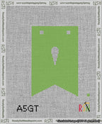 A taped needlepoint canvas with the design: Banner 13 mesh count Forked Apostrophe White on Light Green.