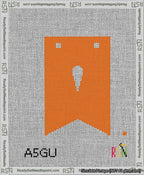 A taped needlepoint canvas with the design: Banner 13 mesh count Forked Apostrophe White on Orange.