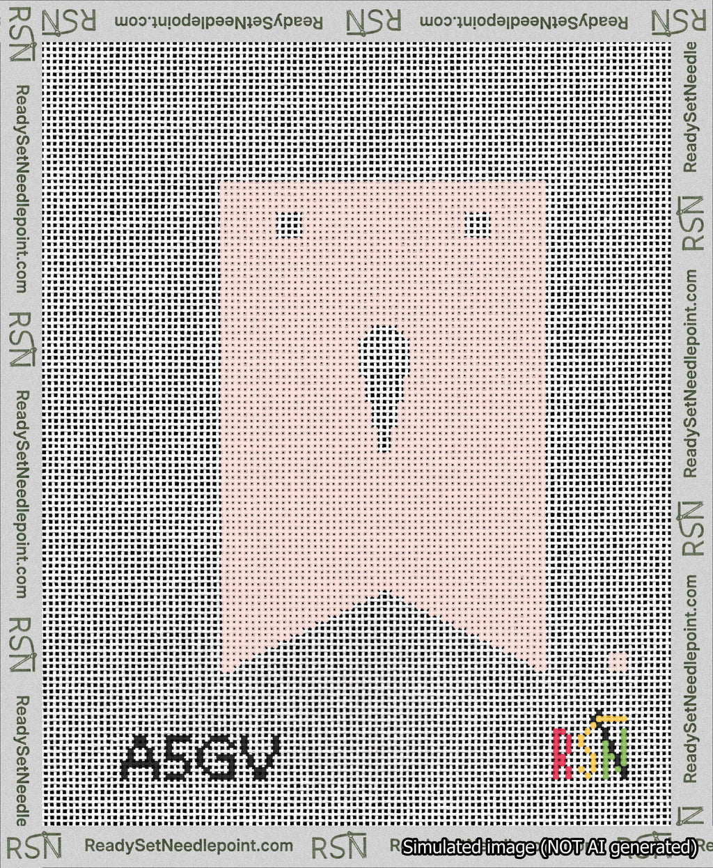 A taped needlepoint canvas with the design: Banner 13 mesh count Forked Apostrophe White on Pink.