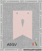 A taped needlepoint canvas with the design: Banner 13 mesh count Forked Apostrophe White on Pink.