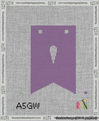 A taped needlepoint canvas with the design: Banner 13 mesh count Forked Apostrophe White on Purple.