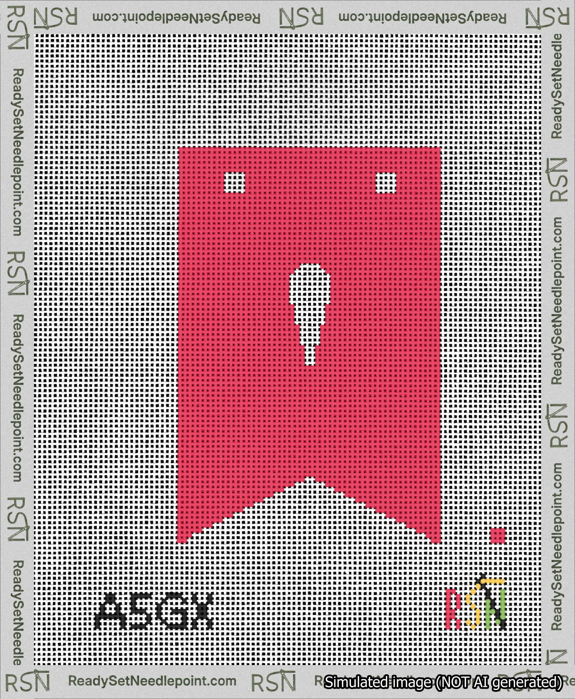 A taped needlepoint canvas with the design: Banner 13 mesh count Forked Apostrophe White on Red.