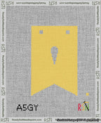 A taped needlepoint canvas with the design: Banner 13 mesh count Forked Apostrophe White on Yellow.