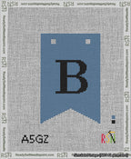 A taped needlepoint canvas with the design: Banner 13 mesh count Forked B Black on Blue.