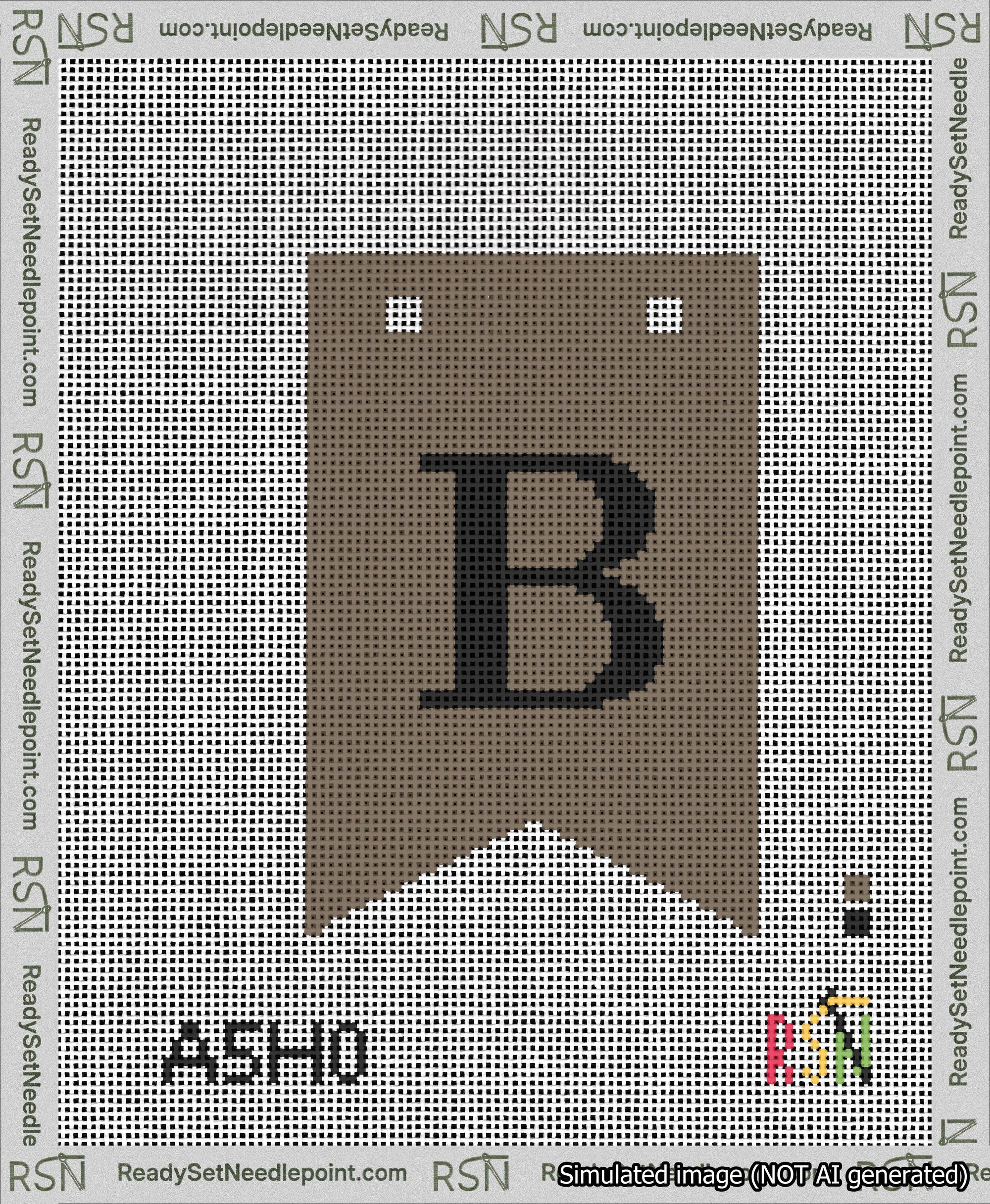 A taped needlepoint canvas with the design: Banner 13 mesh count Forked B Black on Brown.