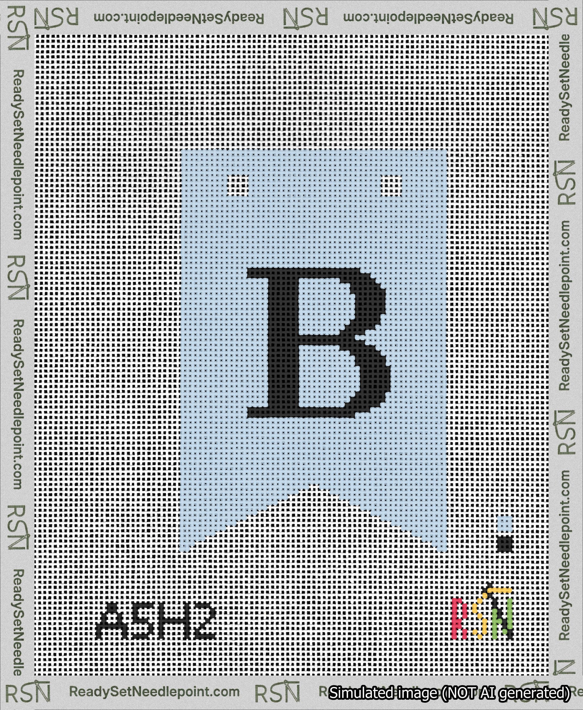 A taped needlepoint canvas with the design: Banner 13 mesh count Forked B Black on Light Blue.
