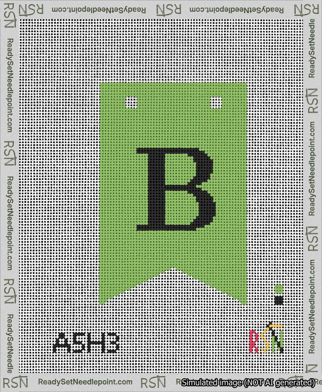A taped needlepoint canvas with the design: Banner 13 mesh count Forked B Black on Light Green.