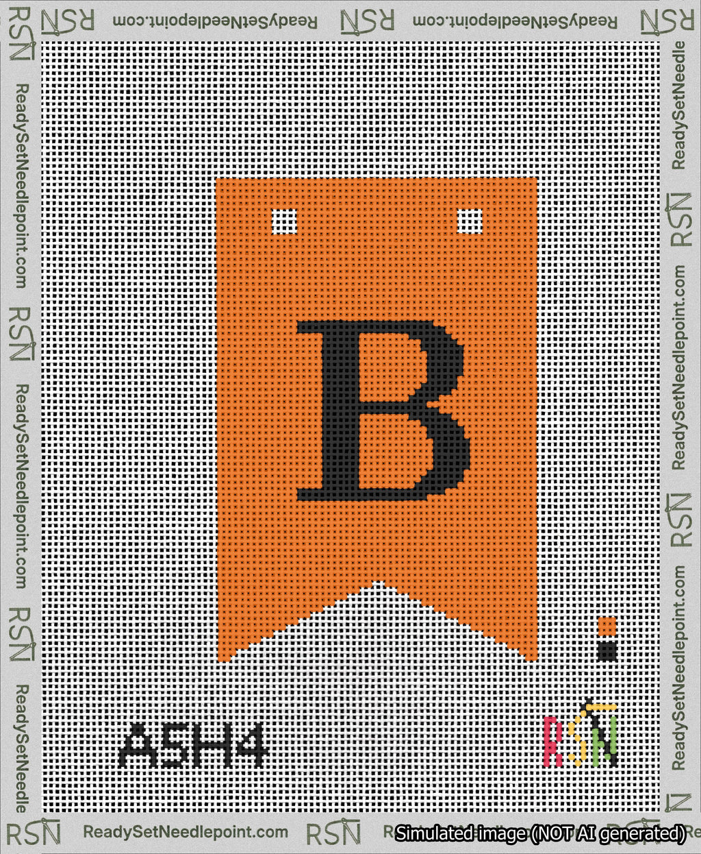 A taped needlepoint canvas with the design: Banner 13 mesh count Forked B Black on Orange.