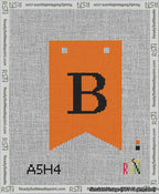 A taped needlepoint canvas with the design: Banner 13 mesh count Forked B Black on Orange.