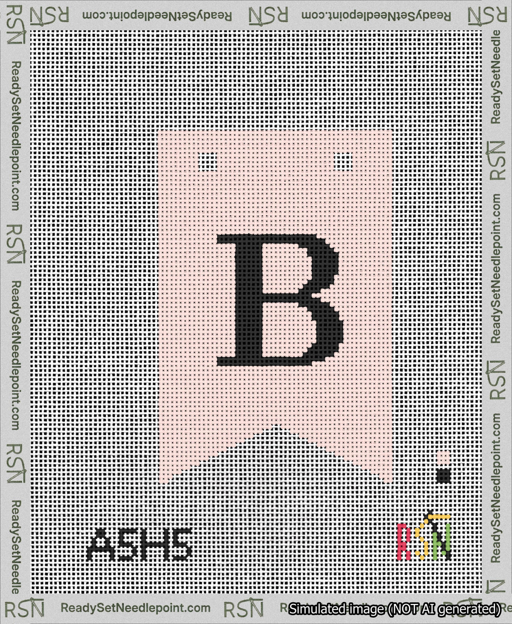 A taped needlepoint canvas with the design: Banner 13 mesh count Forked B Black on Pink.